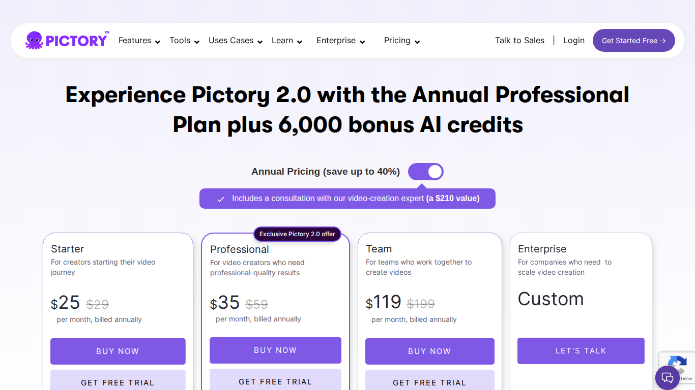 Pictory AI pricing plans 2026 — Starter $25/mo, Professional $35/mo, Teams $119/mo annually
